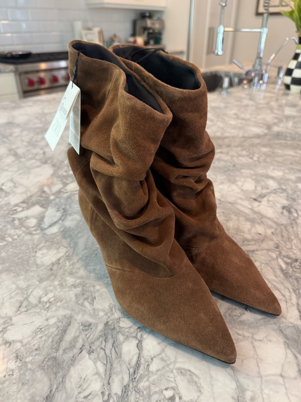 Zara Brown Suede Slouch Pointed-Toe Heeled Ankle Boots